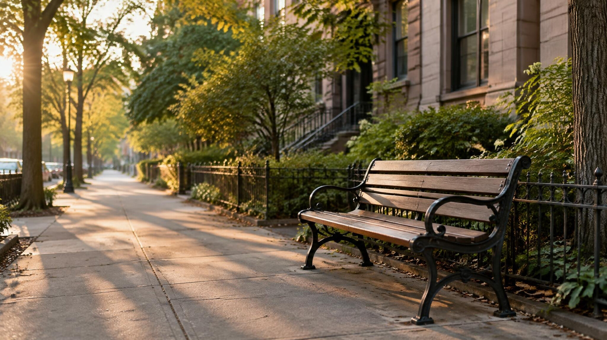 Empty park bench on a quiet tree-lined city street